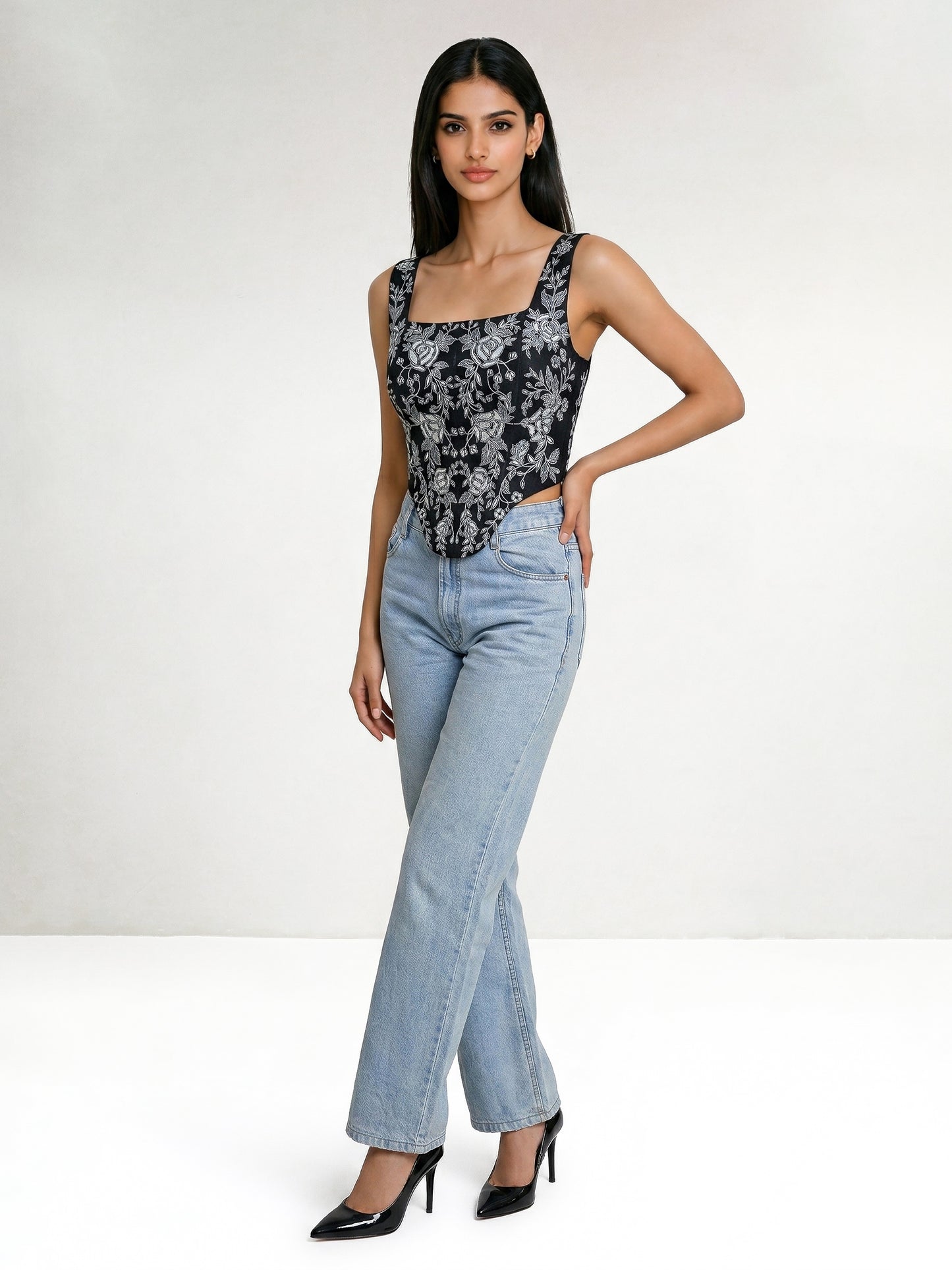 The Black Denim Embroidered Corset