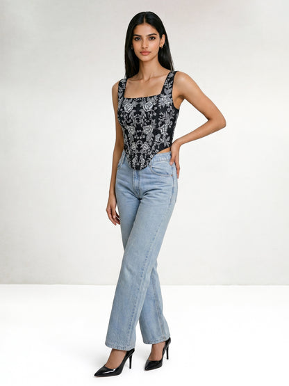 The Black Denim Embroidered Corset