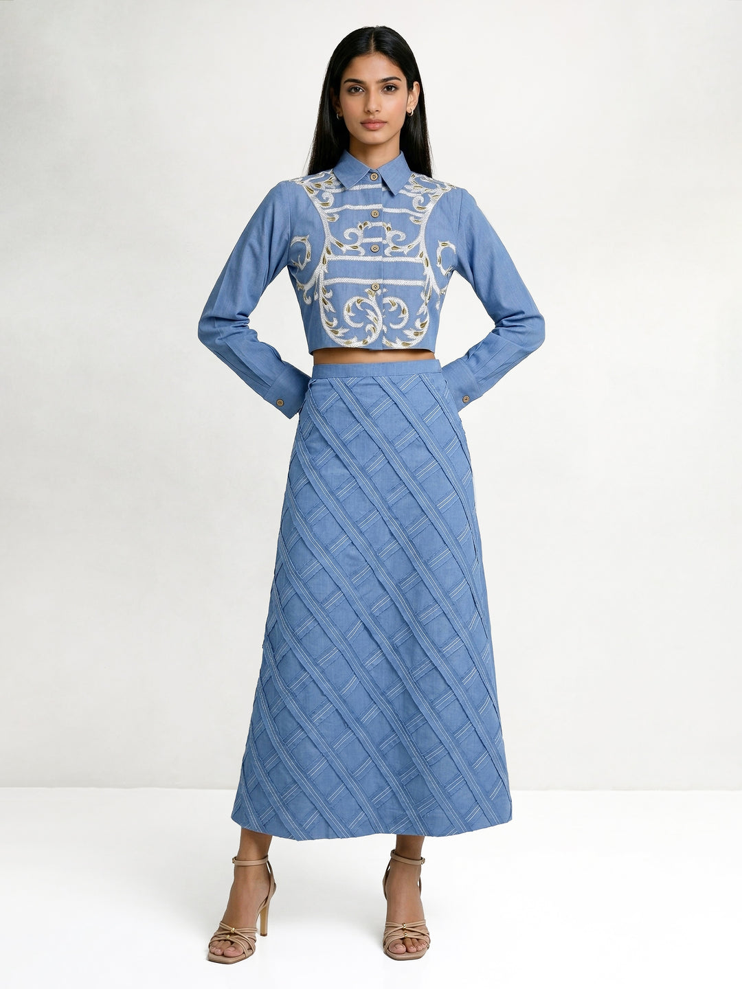 Light Blue Short Shirt with Ivory and Beige Embroidery