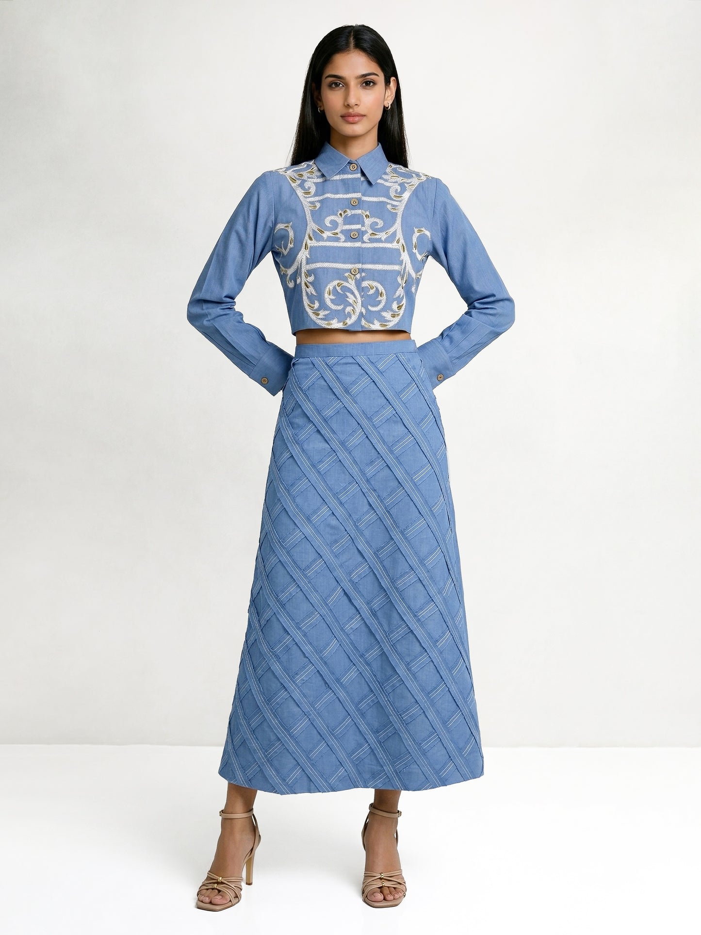 Light Blue Short Shirt with Ivory and Beige Embroidery