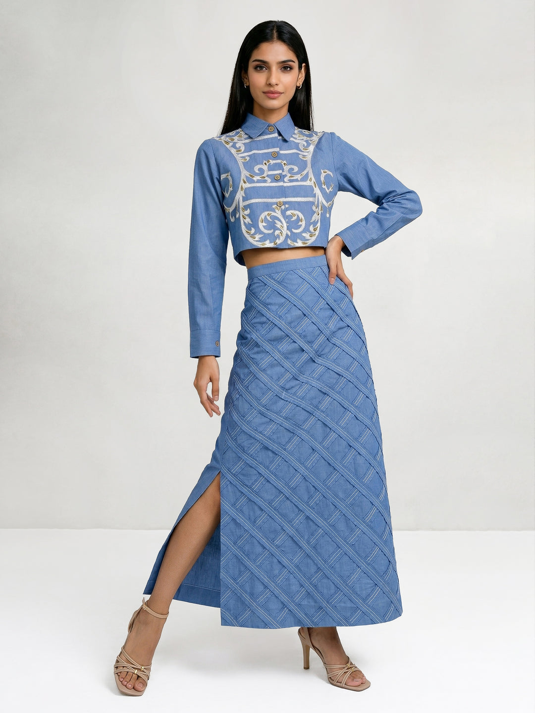 Light Blue Short Shirt with Ivory and Beige Embroidery