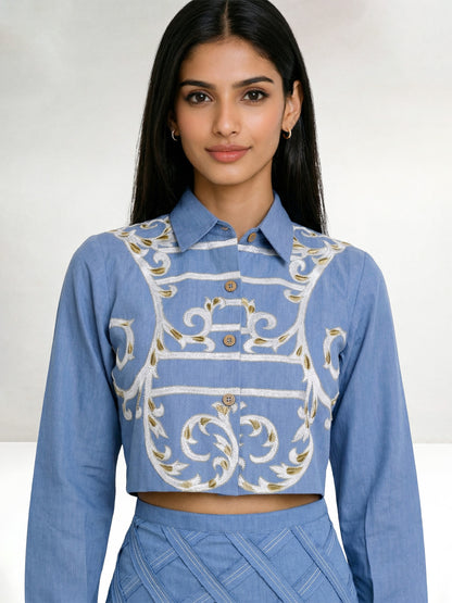 Light Blue Short Shirt with Ivory and Beige Embroidery