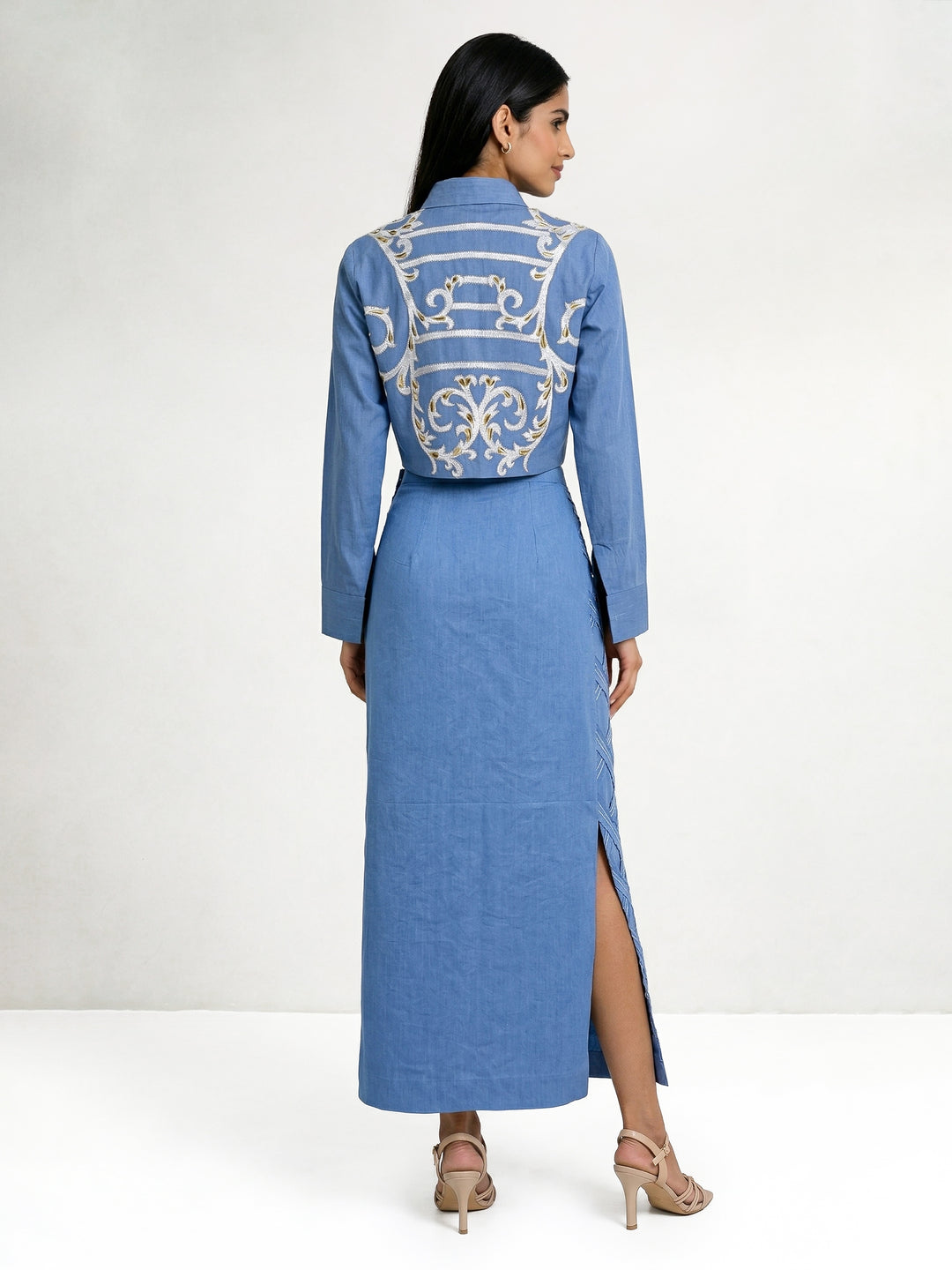Light Blue Short Shirt with Ivory and Beige Embroidery