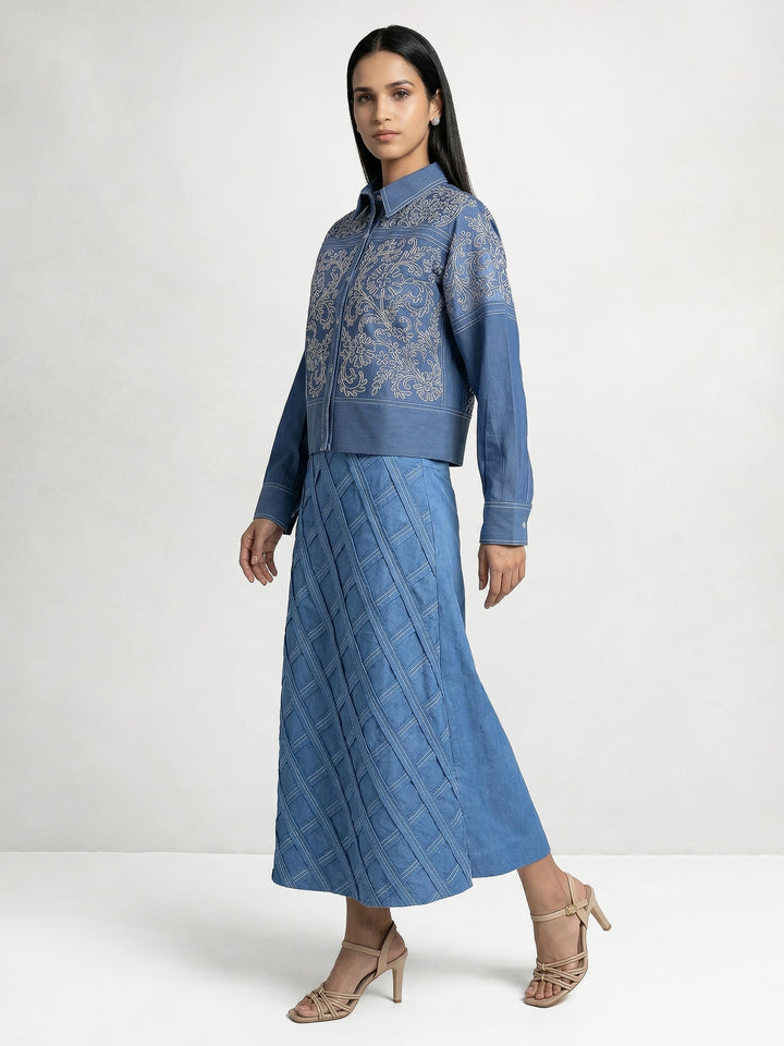 Light Blue Short Shirt with Embroidery and Skirt