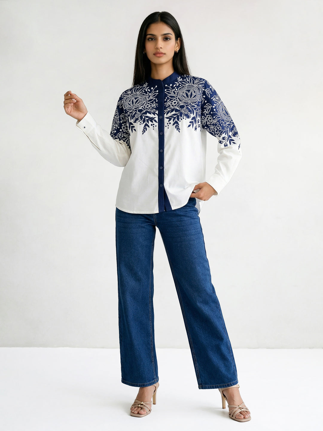 Thick Dark Blue Denim and Cotton Embroidered Shirt