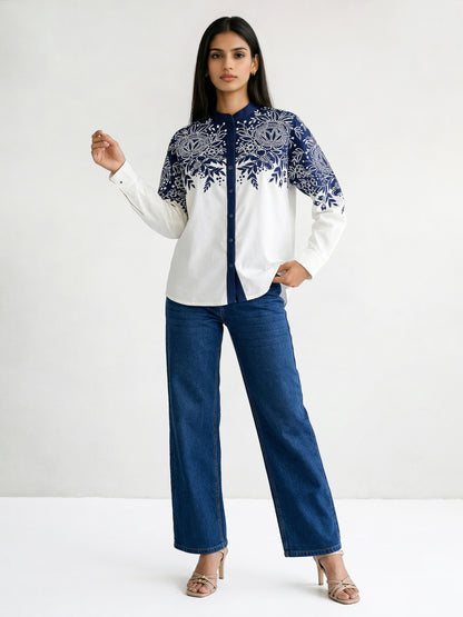 Thick Dark Blue Denim and Cotton Embroidered Shirt