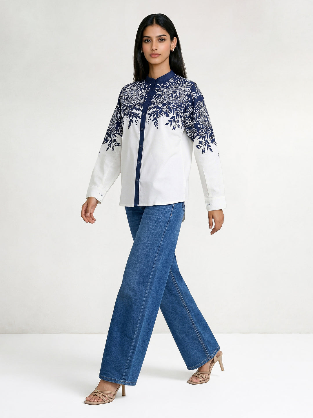 Thick Dark Blue Denim and Cotton Embroidered Shirt