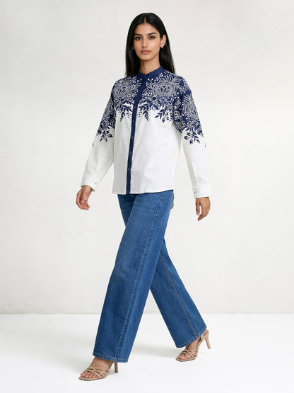 Thick Dark Blue Denim and Cotton Embroidered Shirt
