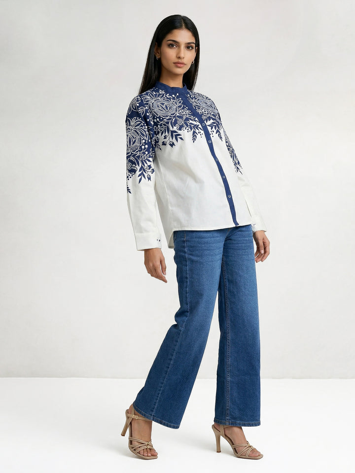 Thick Dark Blue Denim and Cotton Embroidered Shirt