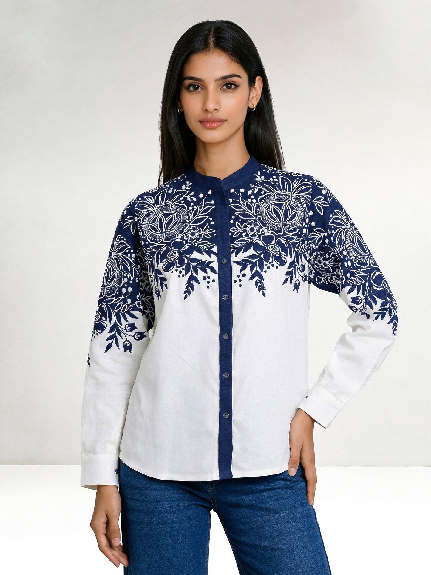 Thick Dark Blue Denim and Cotton Embroidered Shirt