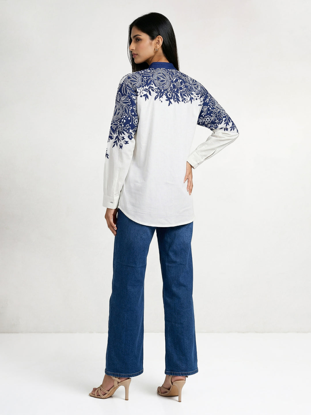Thick Dark Blue Denim and Cotton Embroidered Shirt