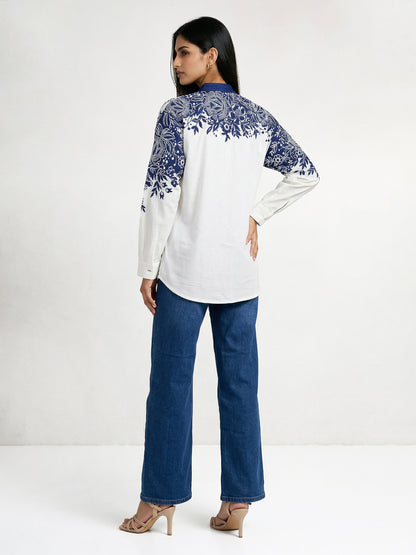 Thick Dark Blue Denim and Cotton Embroidered Shirt