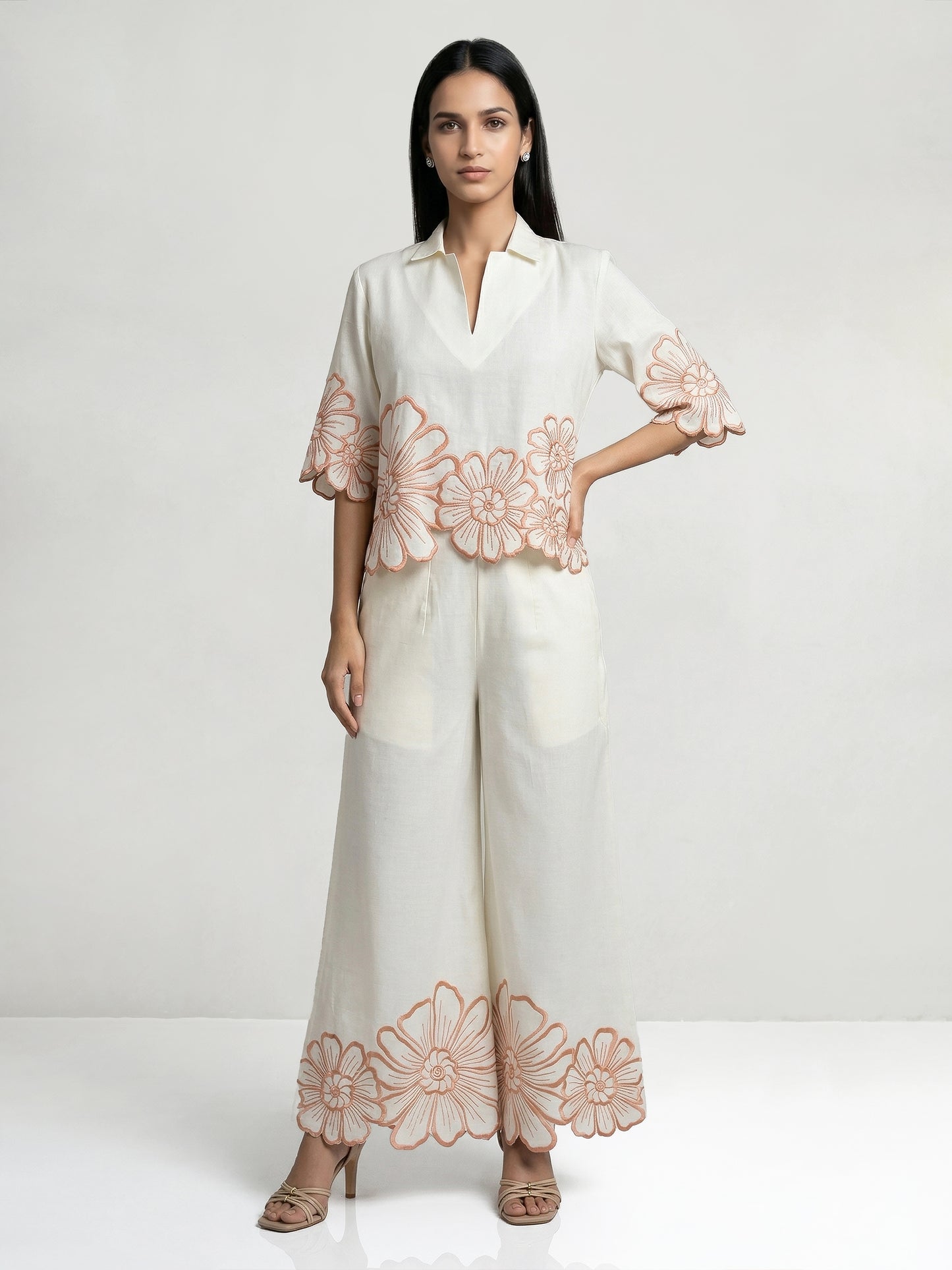 Daisy Collar Co-Ord Set With Orange Embroidery
