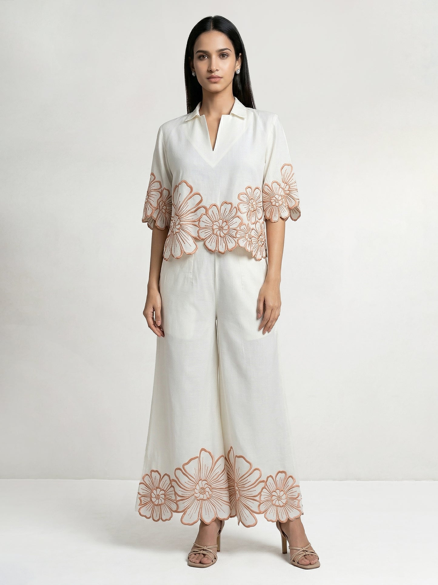 Daisy Collar Co-Ord Set With Orange Embroidery