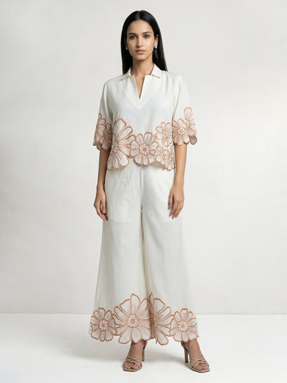 Daisy Collar Co-Ord Set With Orange Embroidery