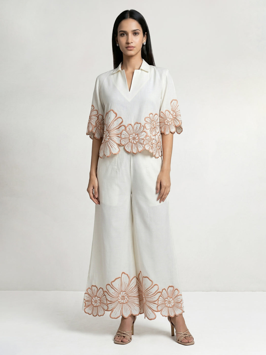 Daisy Collar Top with Orange Embroidery