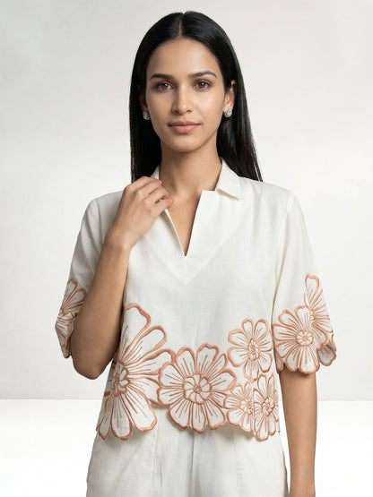 Daisy Collar Co-Ord Set With Orange Embroidery