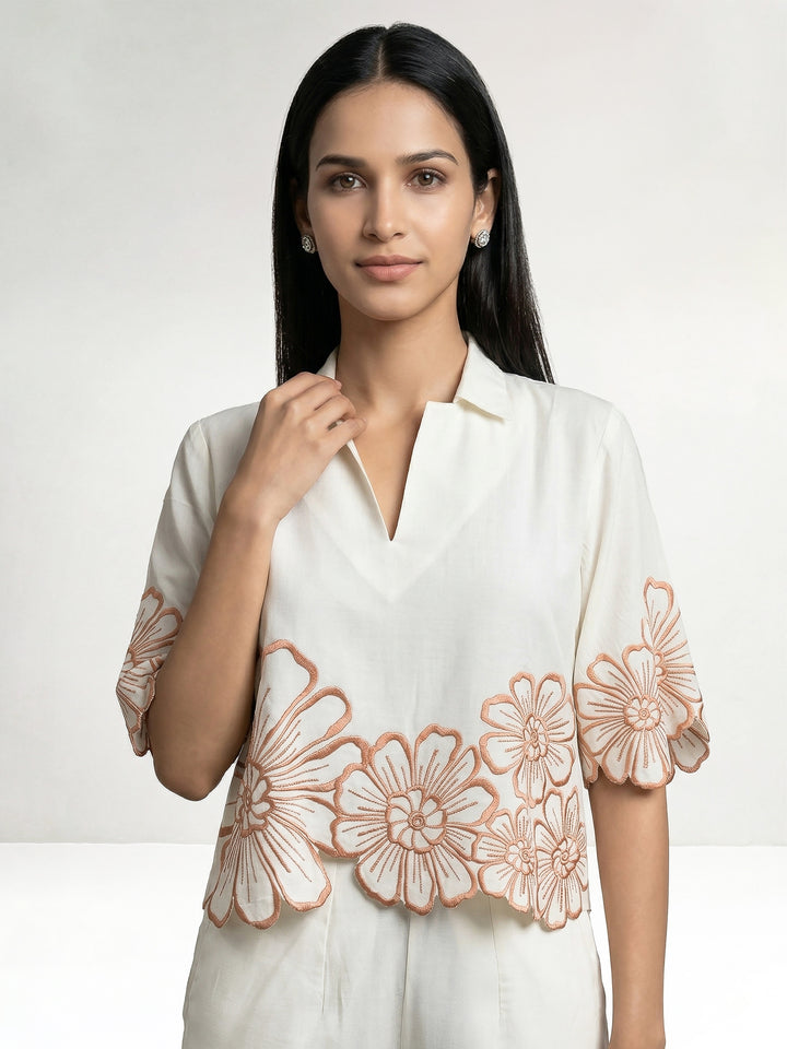 Daisy Collar Co-Ord Set With Orange Embroidery