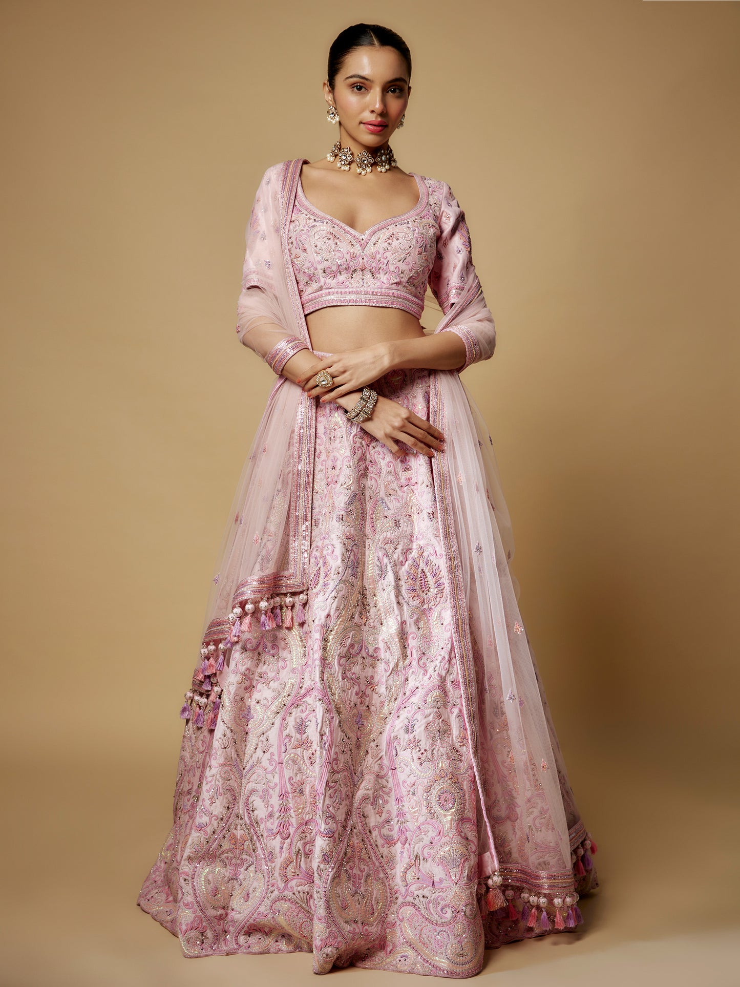 Pink Rawsilk Hand Embroidered Lehenga Set