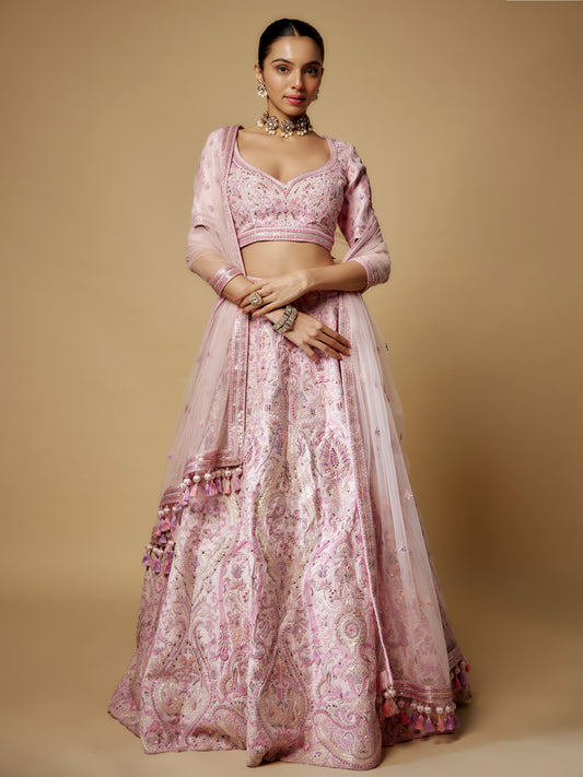 Pink Rawsilk Hand Embroidered Lehenga Set
