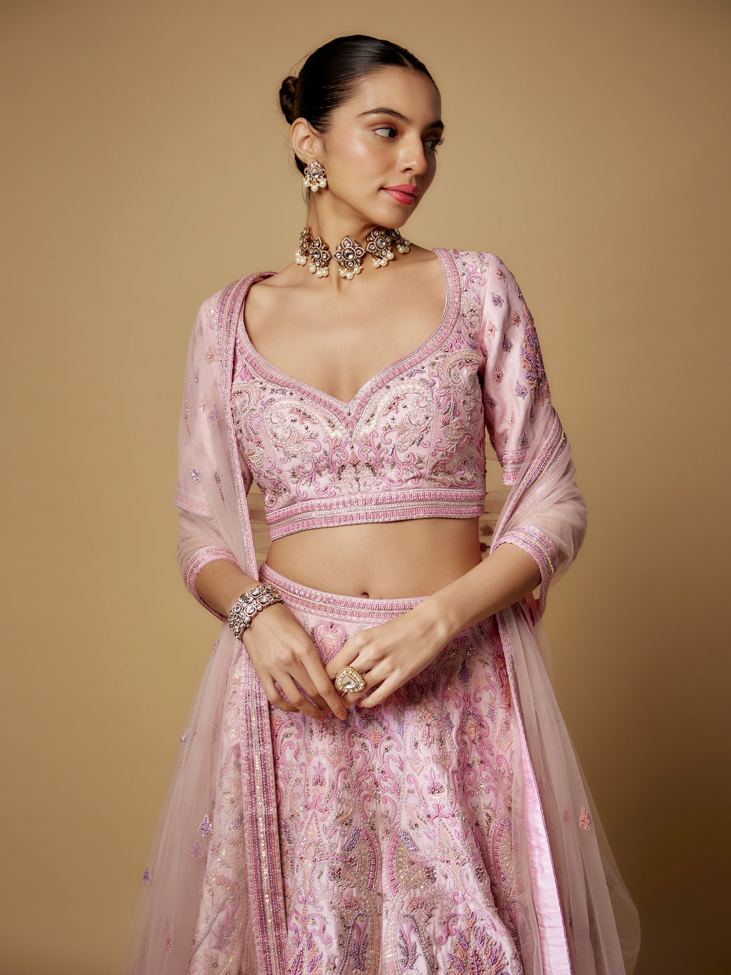 Pink Rawsilk Hand Embroidered Lehenga Set