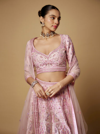 Pink Rawsilk Hand Embroidered Lehenga Set
