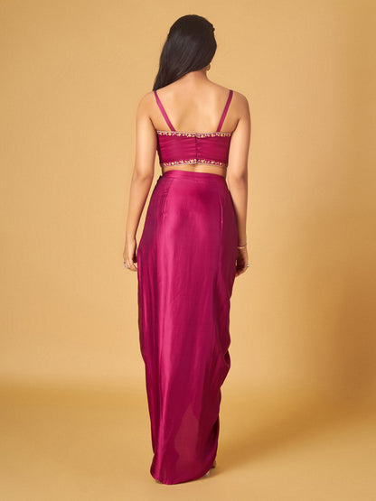 Festive Fuchsia Modal Satin Embroidered Cape and Draped Skirt Set
