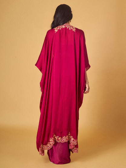 Festive Fuchsia Modal Satin Embroidered Cape and Draped Skirt Set