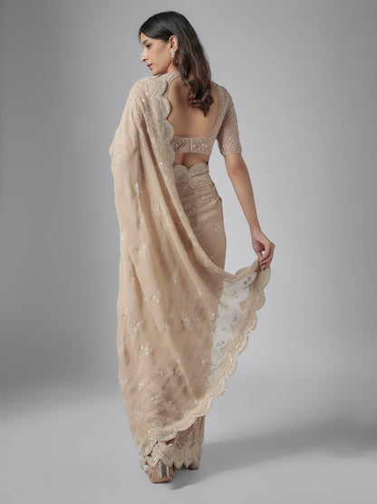 Beige Monarch Georgette Embroidered Saree with Blouse