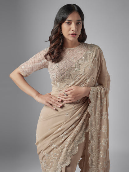 Beige Monarch Georgette Embroidered Saree with Blouse