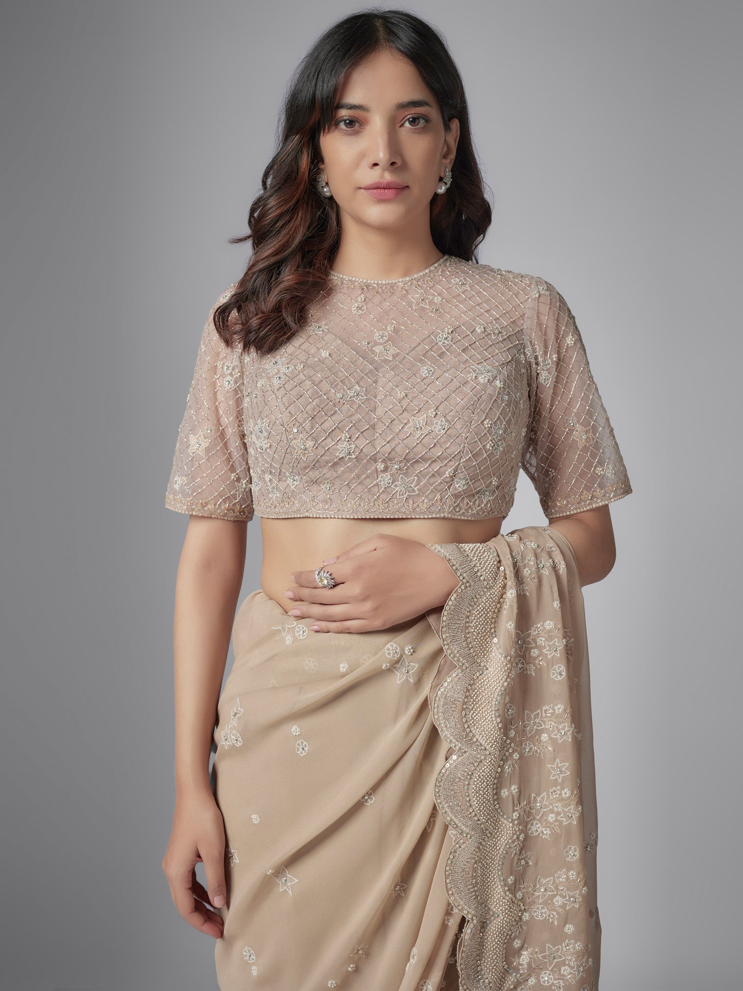 Beige Monarch Georgette Embroidered Saree with Blouse