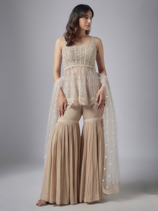 Beige Monarch Net Embroidered Sharara Set with Dupatta