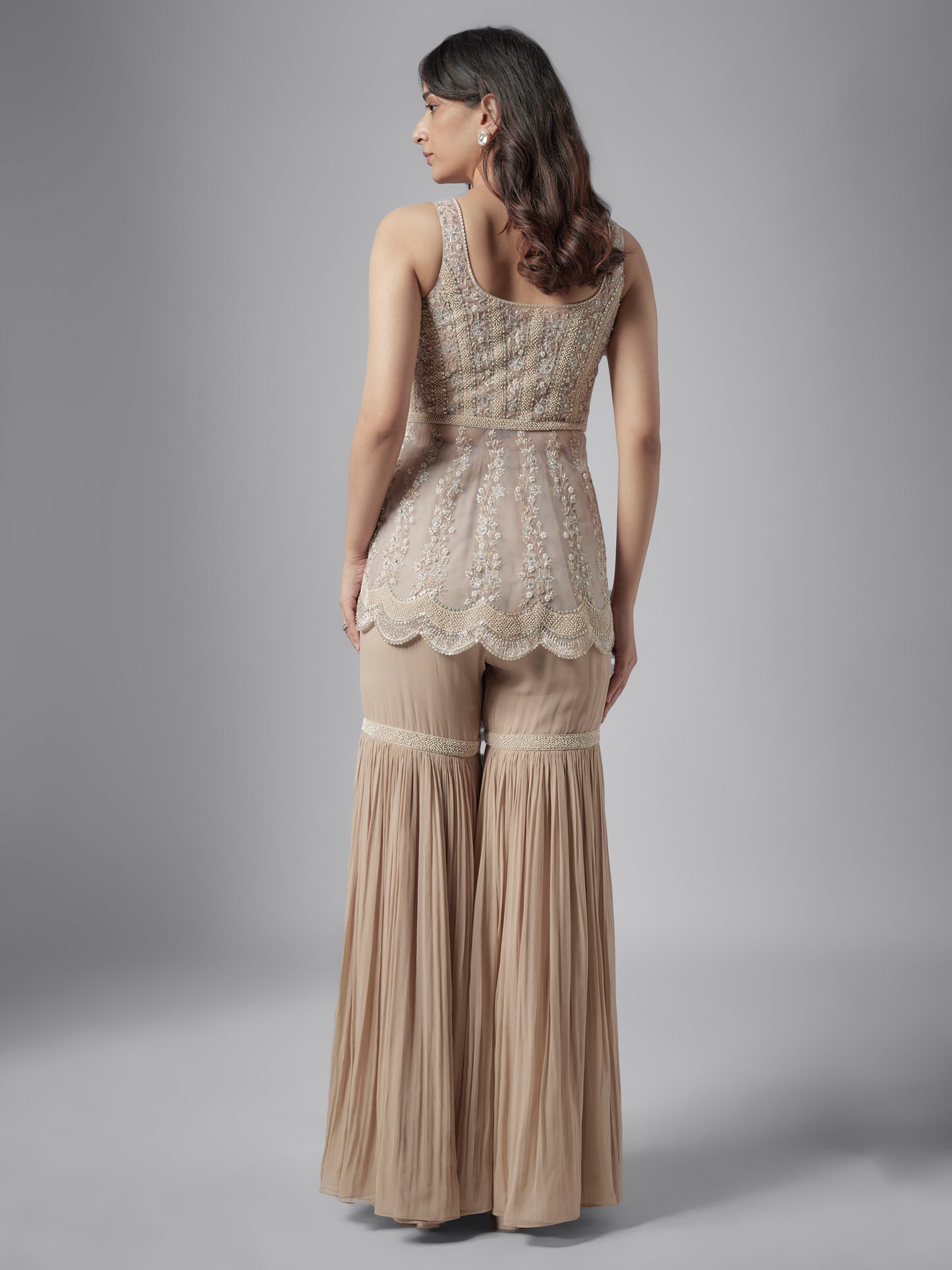 Beige Monarch Net Embroidered Sharara Set with Dupatta
