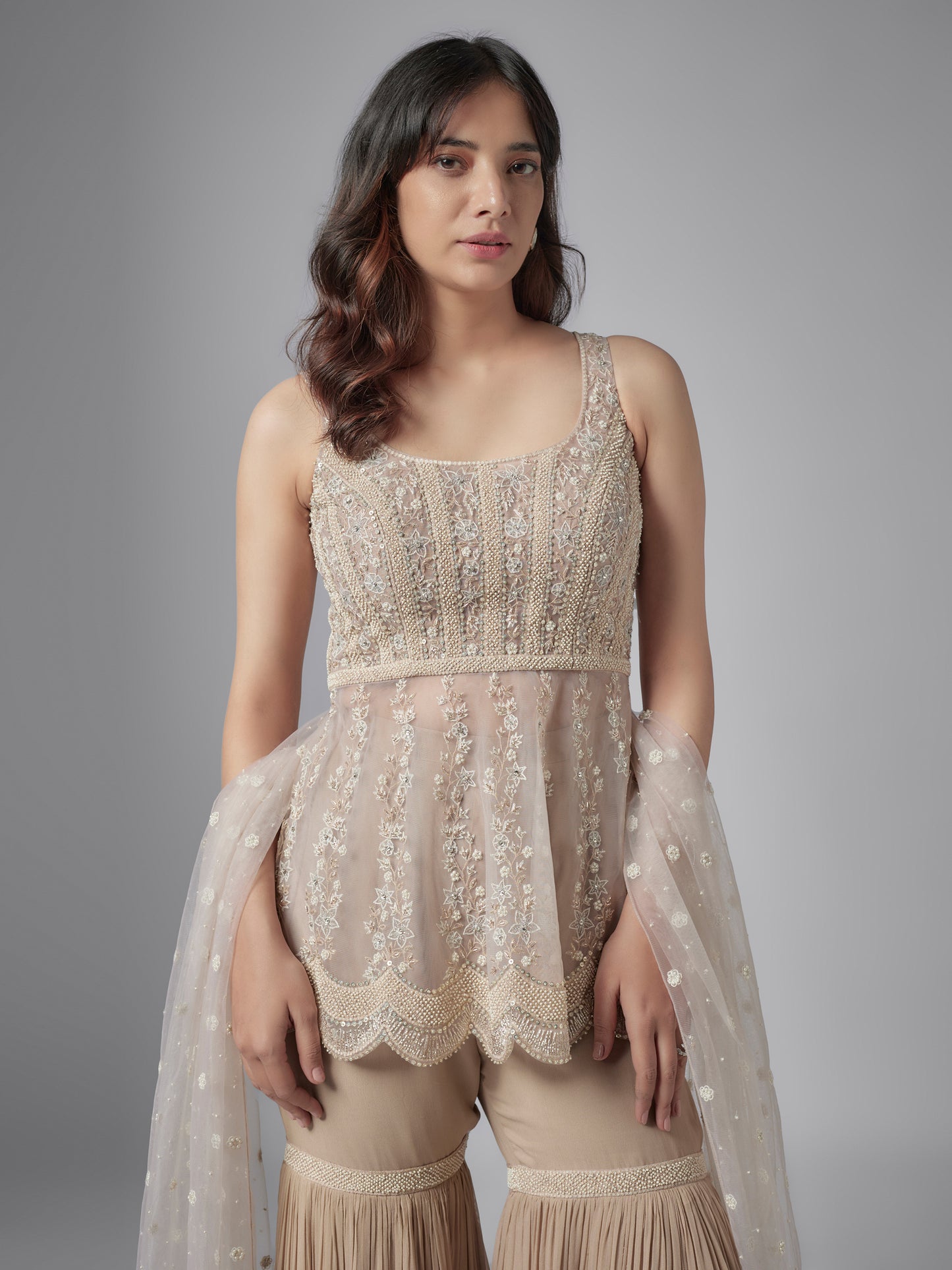 Beige Monarch Net Embroidered Sharara Set with Dupatta