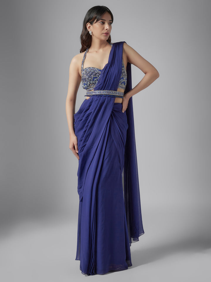 Navy Hand Embroidered Georgette Draped Saree