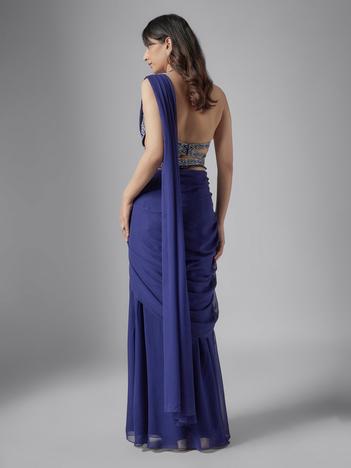 Navy Hand Embroidered Georgette Draped Saree