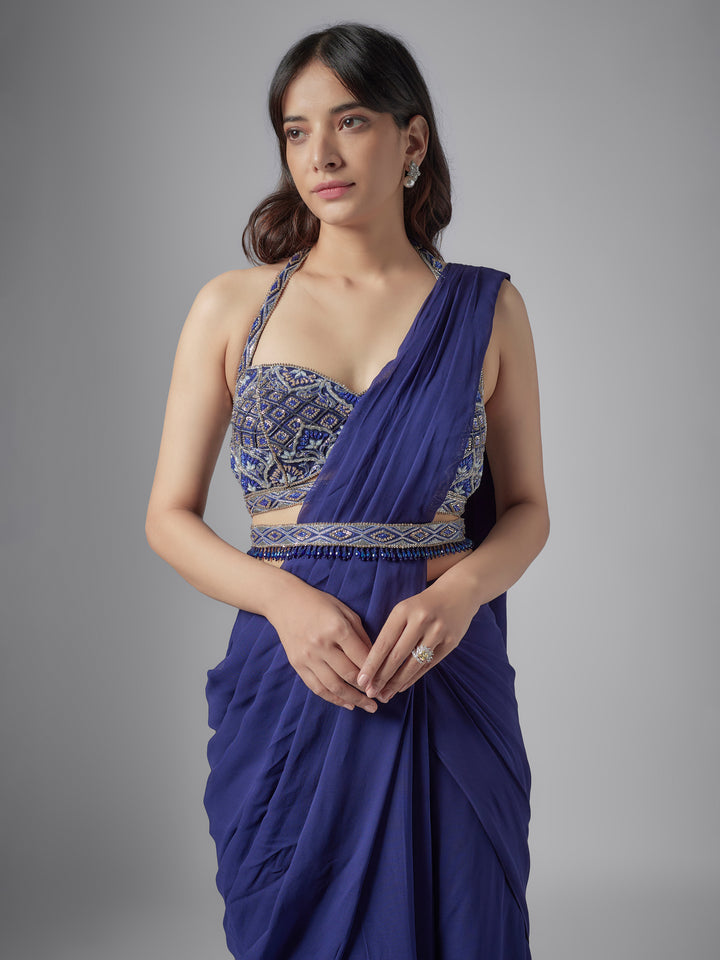 Navy Hand Embroidered Georgette Draped Saree