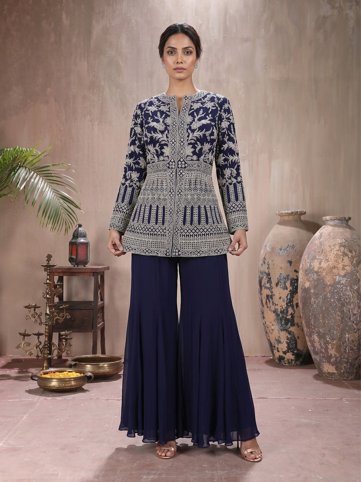 Navy Full Sleeves Jacket with Sharara Pant