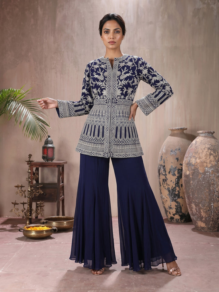 Navy Full Sleeves Jacket with Sharara Pant