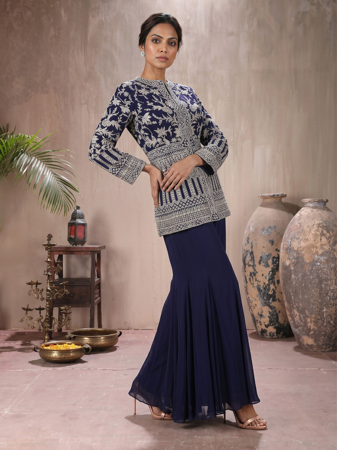 Navy Full Sleeves Jacket with Sharara Pant