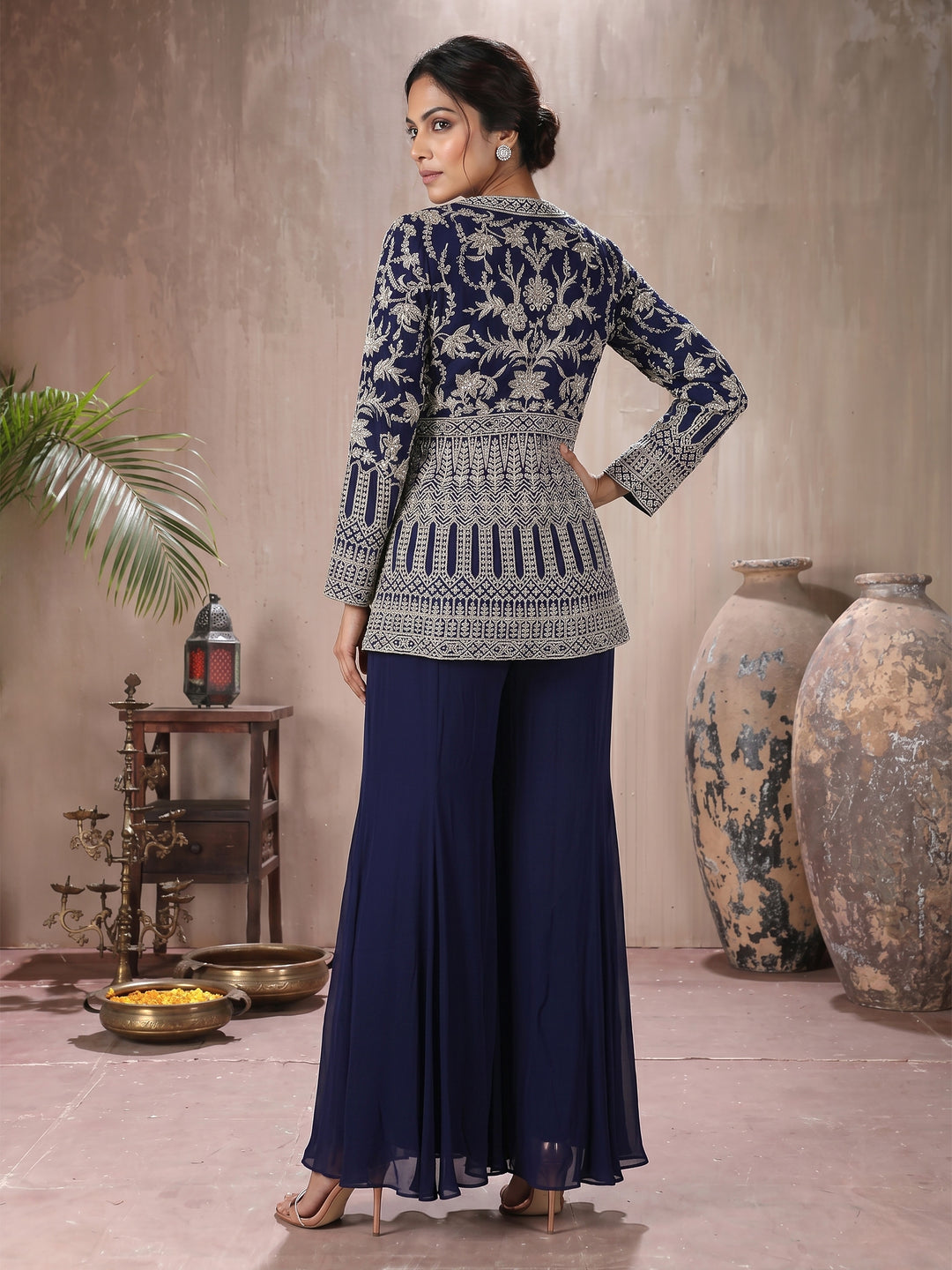 Navy Full Sleeves Jacket with Sharara Pant