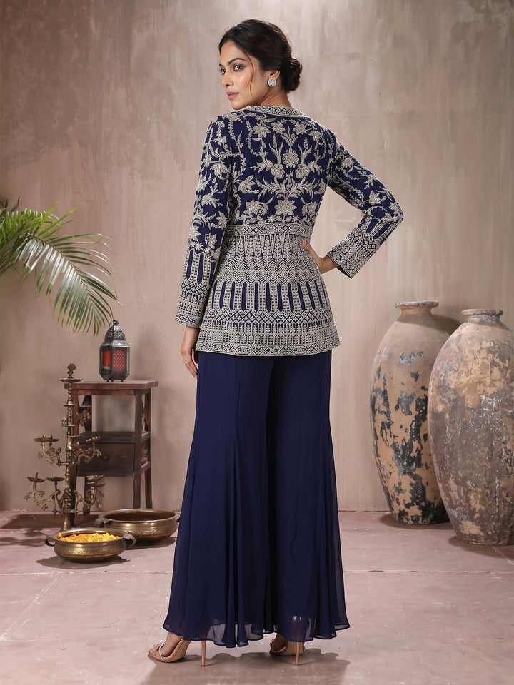 Navy Full Sleeves Jacket with Sharara Pant