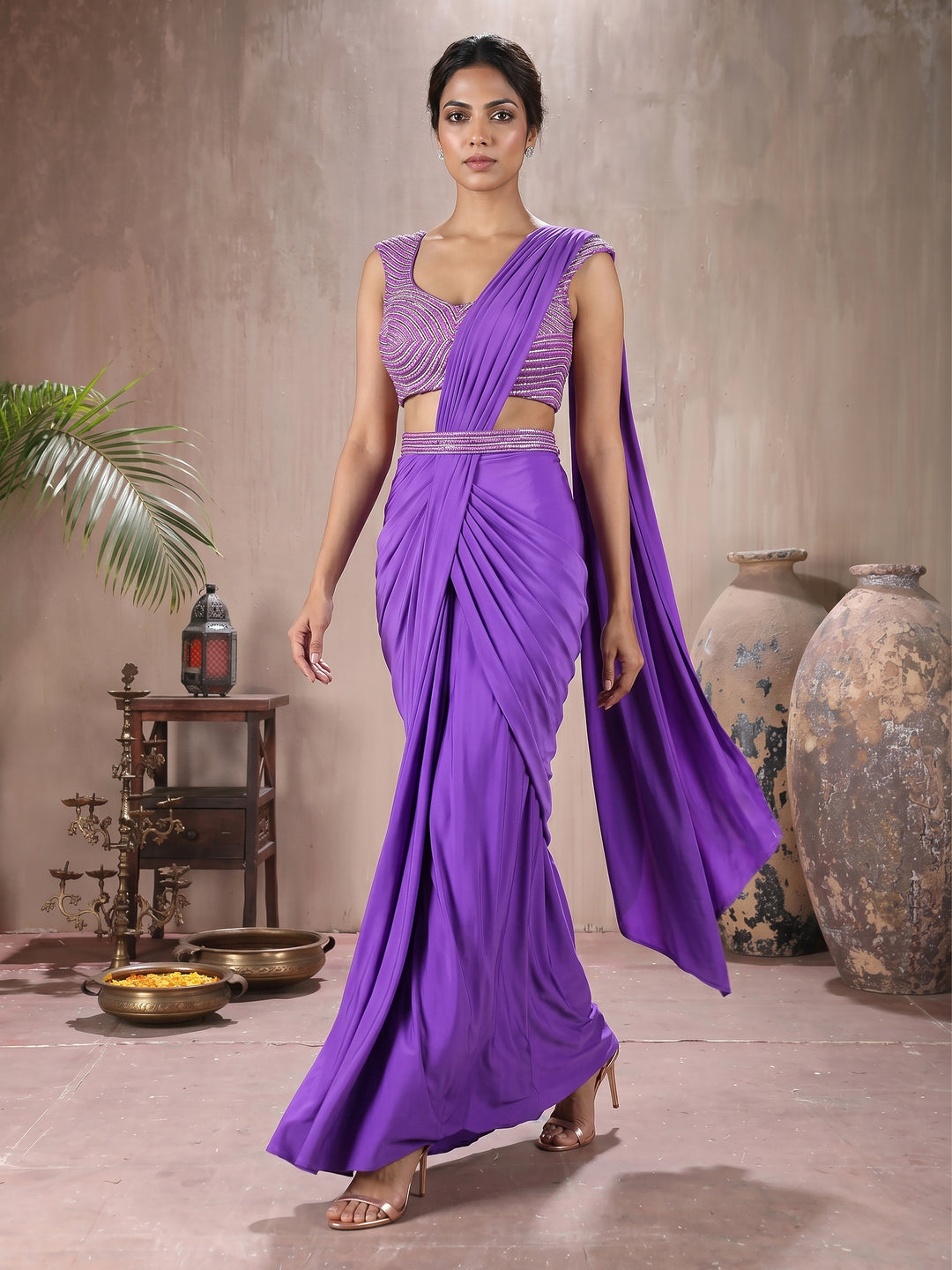 Purple Blouse with Lycra Drape Saree and Belt