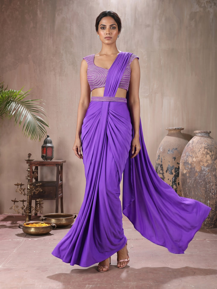 Purple Blouse with Lycra Drape Saree and Belt