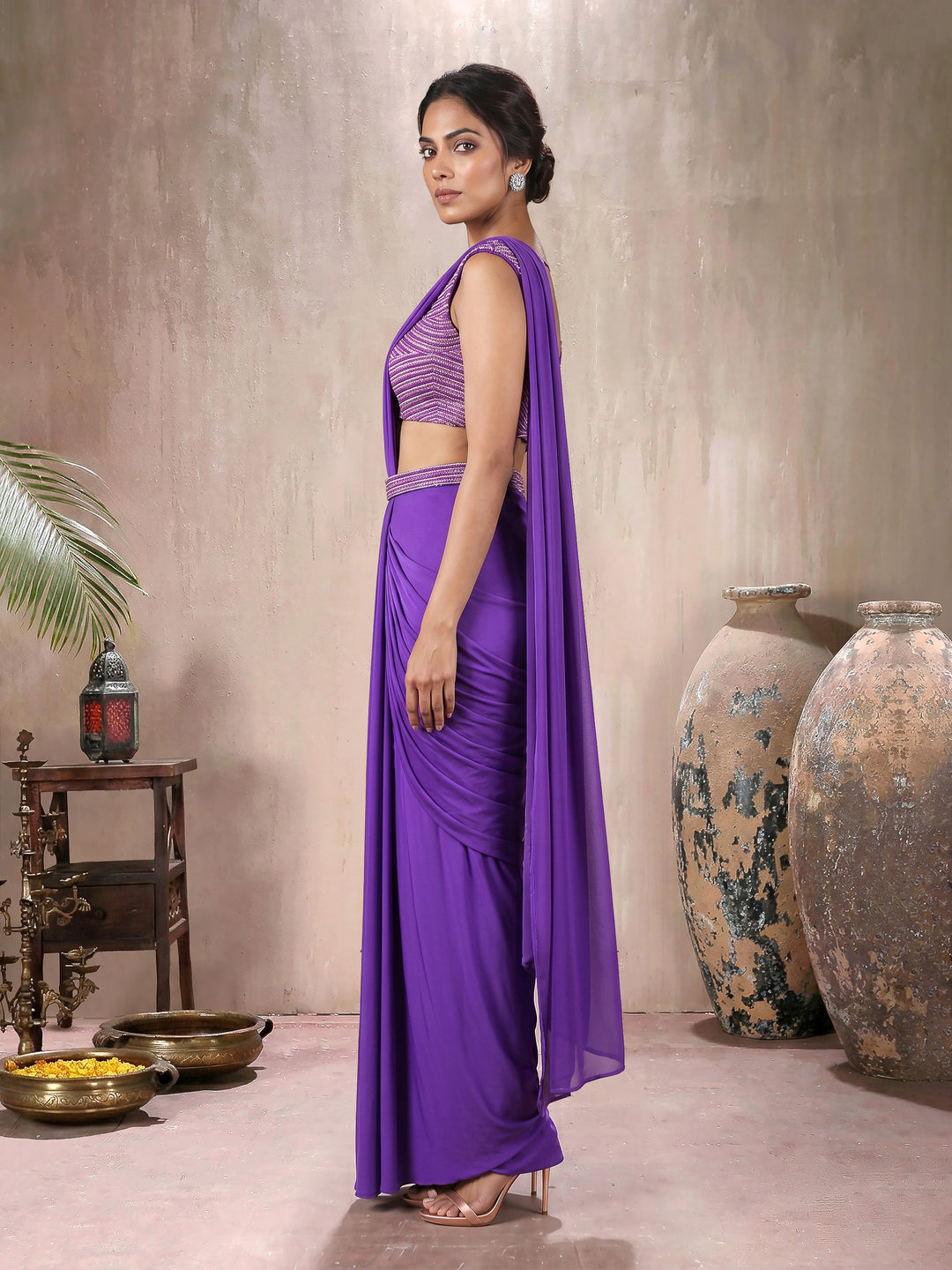 Purple Blouse with Lycra Drape Saree and Belt