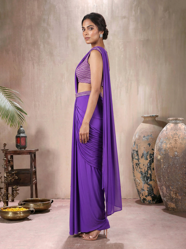 Purple Blouse with Lycra Drape Saree and Belt