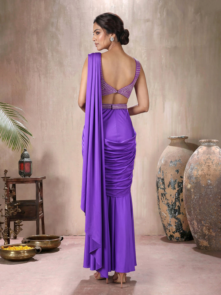 Purple Blouse with Lycra Drape Saree and Belt