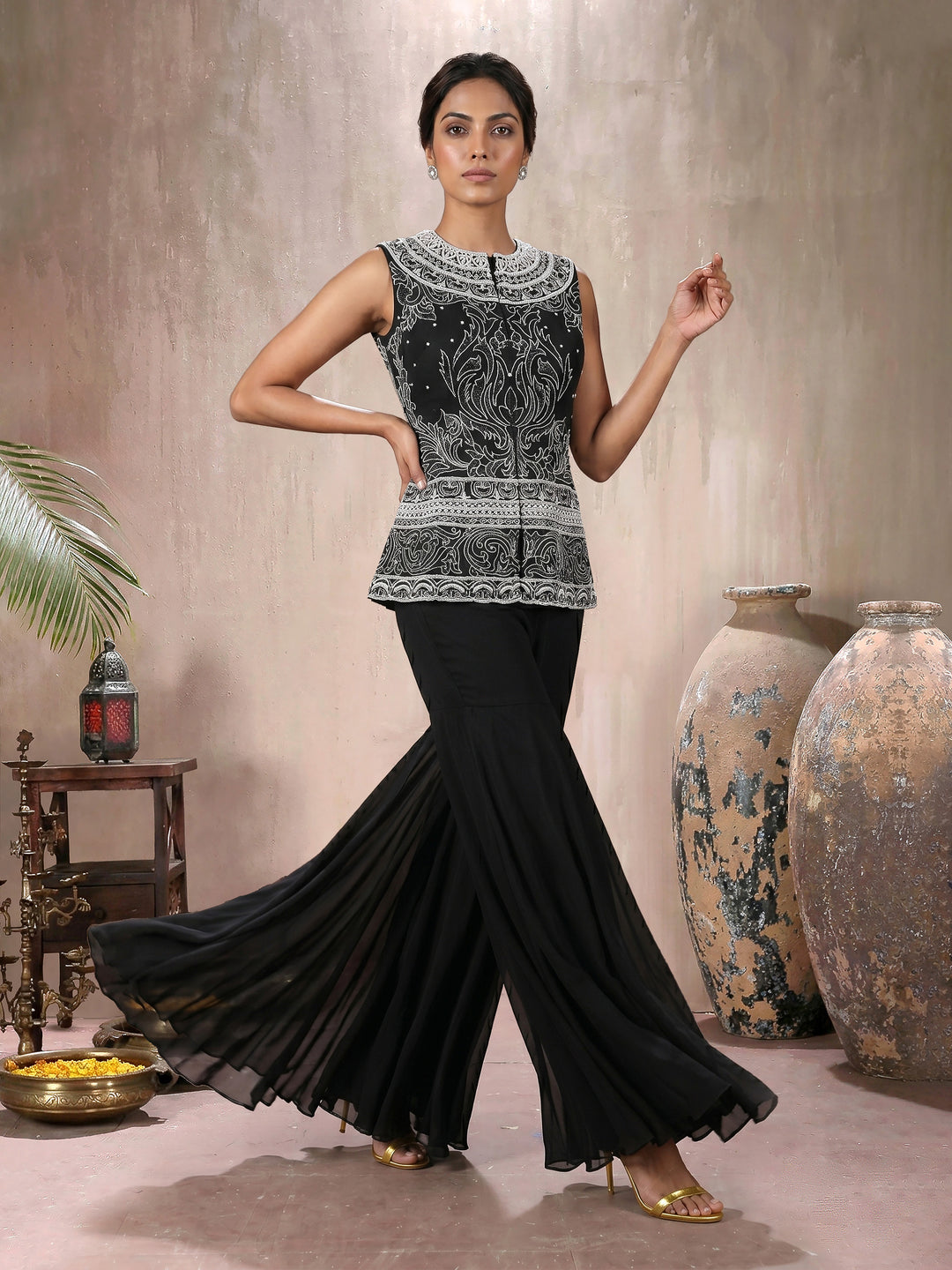 Black Full Sleeves Jacket with Sharara Pant
