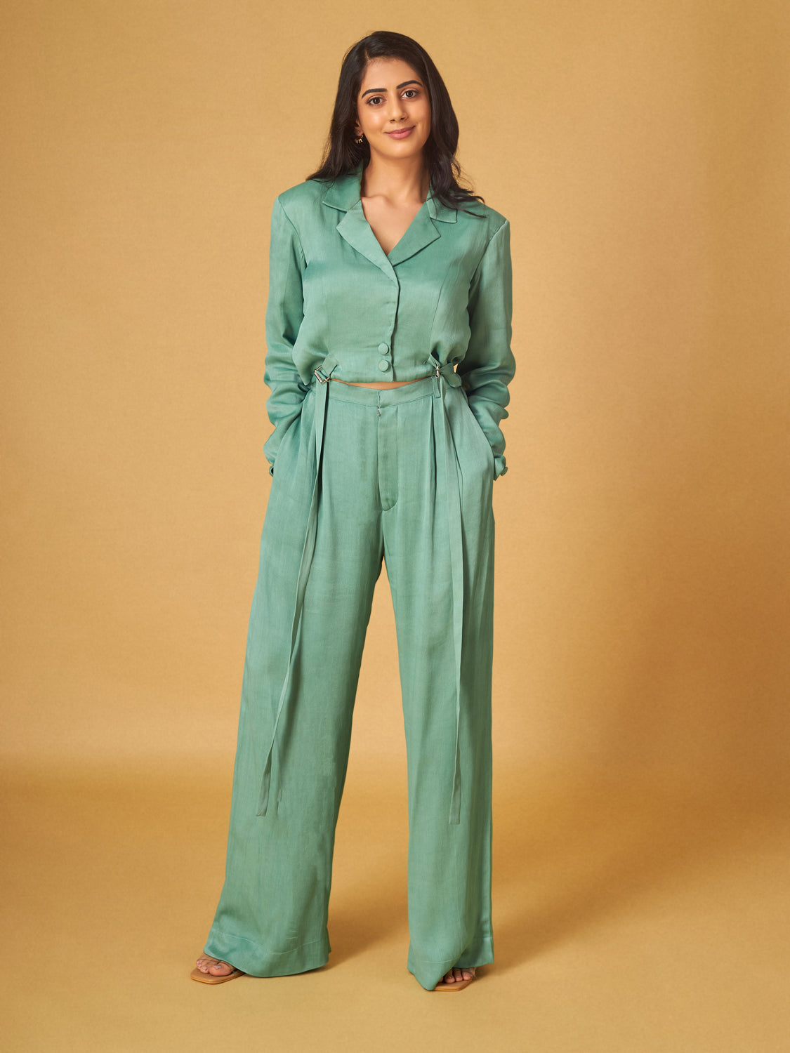 Sage Green Crepe Satin Cropped Blazer And Pant Set