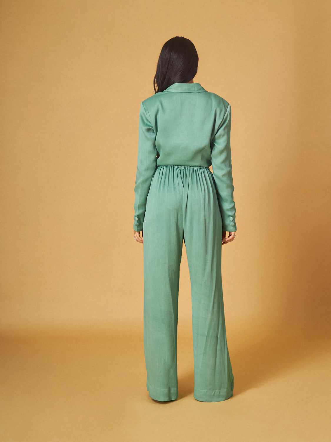 Sage Green Crepe Satin Cropped Blazer And Pant Set